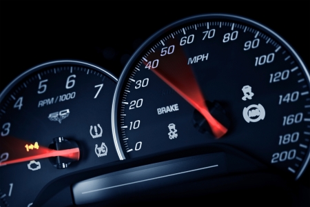 Sporty Speedometer. Sports Car Instruments Dash/Panel Closeup. RPM and Speed Metering. Transportation Photo Collection.の写真素材