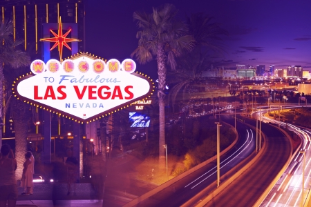 Streets of Las Vegas. Sin City at Night. Illuminated City of Las Vegas, Nevada, USA. Ultraviolet Collage Postcard. Famous Places Collection.のeditorial素材