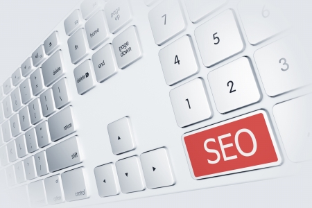 SEO Search Engine Optimization Red Button on the Gray Computer Keyboard. SEO Illustration. Internet Technologies Illustration Collection.の写真素材