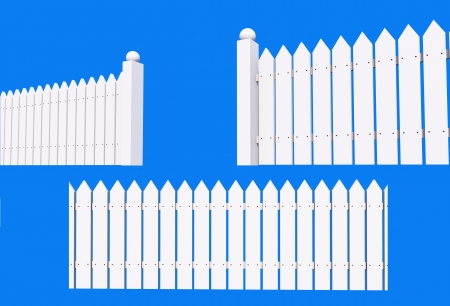 White Painted Backyard Wood Fence Isolated on Blue Background  の写真素材