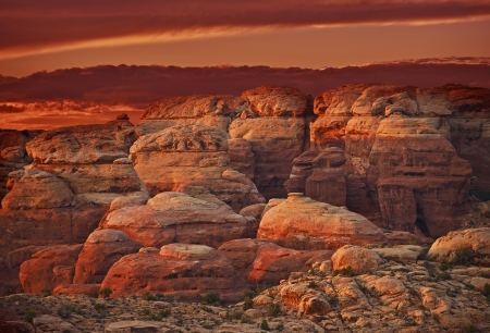 Red Utah Rocks - Raw Sandstone Utah State Landscape in North America. Arches National Park, Utah, USA. Nature Collection.の写真素材