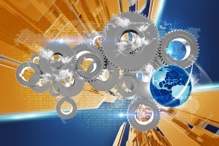 Technology Illustration with Metallic Gears, Digital Background, Globe, Rays and Abstract Background Elements. Cool Tech Background Designの写真素材