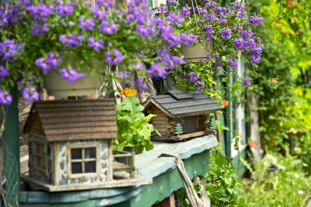 Beautiful Garden with Wood Bird Houses and Blossom Flowers. Gardens Collection.の写真素材