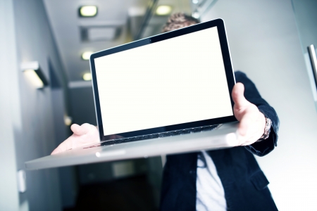 Website Delivery  Young Businessman Showing Website or Any Other Digital Project  Just Place your Content  Website, Stats, Design etc  Web Business Collection の写真素材