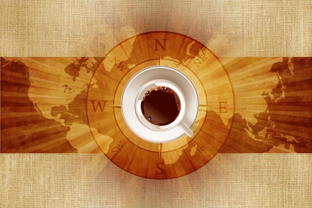 World of Coffee Concept Illustration with World Map, Canvas and Coffee Cup on Compass Rose.の写真素材