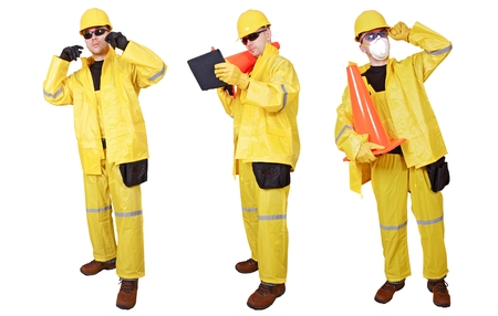 Contractors with Cone in Yellow Weather Suit in Three Different Poses. Contractors Isolated on White...