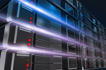 Powerful Servers Rack Closeup Illustration with Light Rays. 