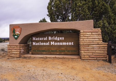 Natural Bridges National Monument in Utah, United States. Natural Bridges Entrance Sign.のeditorial素材