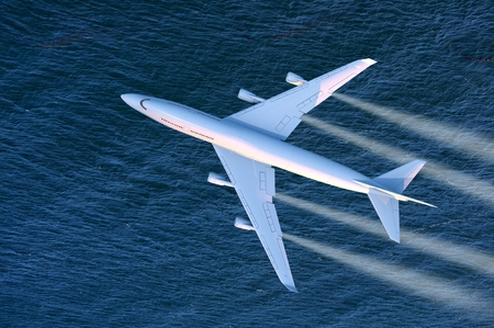 Passenger Airplane Over  Blue Ocean. Airlines Top View Illustration. 
