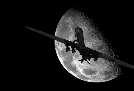 Military Drone Flight at Night. Large Moon and The Drone.の写真素材