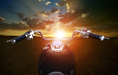 Biking Travel Concept Illustration. Riding Straight to the Sunset. Sunset Scenery and Bike Steering Bar Illustration.の写真素材