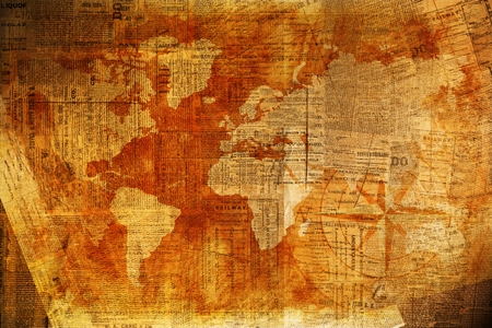 World of News Background. Vintage Newspapers Overlay on World Map with Compass Rose. Travel...