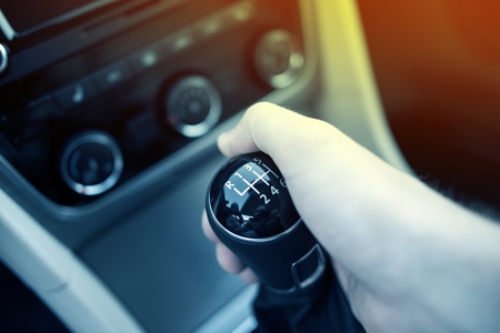 Manual Transmission Drive. Hand on Manual Transmission Car Stick. Six Speed Driving.の写真素材