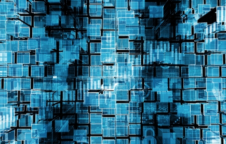 Digital Blue Background Concept Illustration with Electronic Scheme Overlay and 3D Blue Bars Pattern.の写真素材