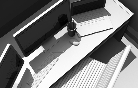 Designer Workstation Desk with Two Large Displays, Laptop and Wireless Mouse.の写真素材