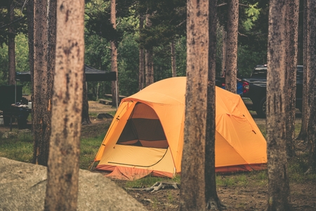 Tent in the Forest Camping. Medium Orange Tent Between Colorado Trees.の写真素材