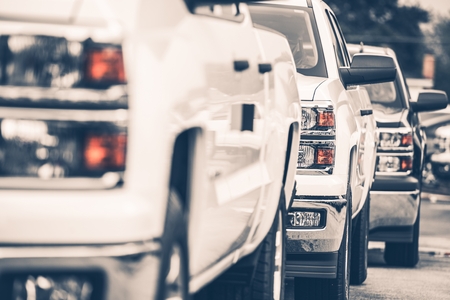 Brand New Pickup Trucks For Sale. Cars Row on the Dealer Lot.の写真素材