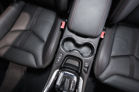 Modern Car Interior Top View. Black Leather Brand New Car Interior.