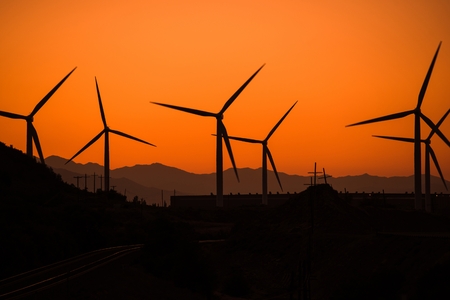 Wind Turbine in Utah at Sunset. Alternative Energy Source Theme. Wind Power.の写真素材