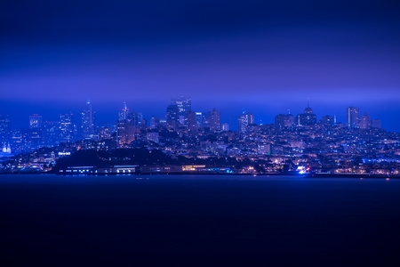 San Francisco Night Panorama. San Francisco Skyline and the Bay at Night. California, United States.の写真素材