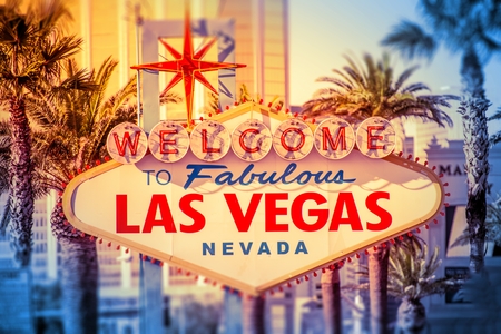 Las Vegas Welcomes You. Iconic Las Vegas Boulevard Sign Closeup. Nevada, United States.のeditorial素材
