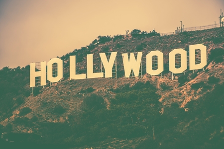 Famous Hollywood Hills in Los Angeles Metro Area, California, United States. Hollywood Sign in Vintage Color Grading.のeditorial素材
