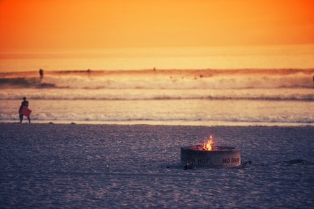 Beach Fire Pit. Oceanside, California Burning Fire Pit on the Beach.の写真素材