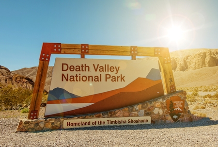 Death Valley National Park Entrance Sign. Homeland of the Timbisha Shoshone. Death Valley, California, United States. National Park Service.の写真素材