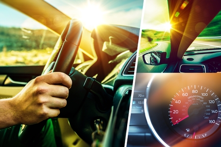 Car and Driver Concept Collage. Sunny Road Car Trip. Modern Transportation Theme.の写真素材