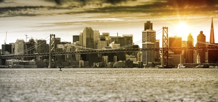 San Francisco Sunset Panorama with Oakland Bay Bridge. United States.の写真素材
