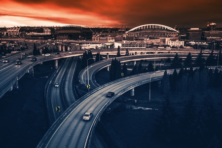 Seattle Highways Intersection in Reddish Blue Color Grading. Seattle, Washington, United States.の写真素材