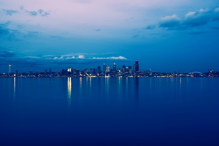 Seattle Skyline Evening Panorama and the Bay. Seattle, Washington, United States.の写真素材