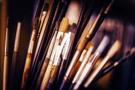 Colorful Oil Painting Paintbrushes Closeup Photo.の写真素材