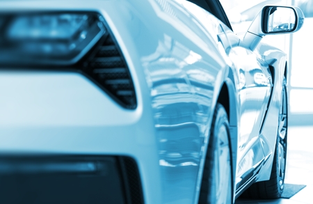 Brand New Super Car For Sale. Blue Color Grading Transportation Concept.の写真素材