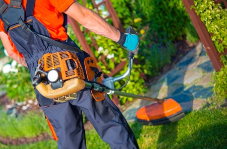 Shoulder Grass Mower in Action. Grass Mowing By Pro Gardener Closeup Photo.