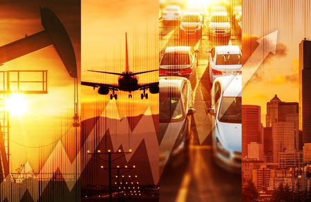 Powerful Economy Concept Collage. Oil and Gas Market, Transportation and the Large City with Skyscrapers. Global Energy and Economy Conceptual Collage.の写真素材