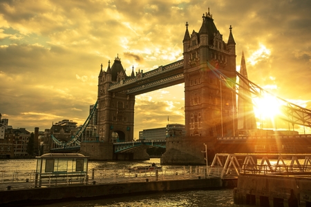 Tower Bridge in London, United Kingdom. Historic Suspension Bridge in London at Sunset. River...