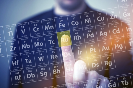 Periodic Table Elements Touch. Periodic Table Chemical Concept with Men Touching Some Element by His Finger. Chemistry Touch Screenの写真素材