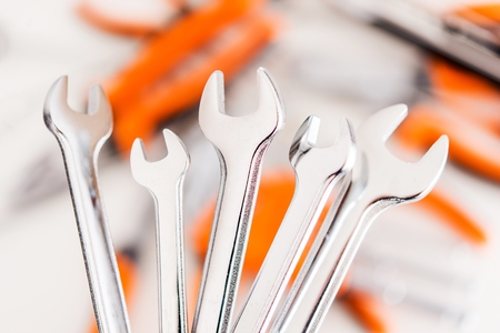 Car Repair Wrenches Tools Set. Stainless Steel Garage Tools Closeup.