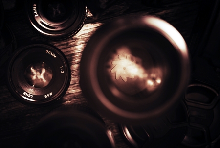 Photo Lenses. Closeup at Telephoto Lens and Lens Aperture. Photography Studio Conept