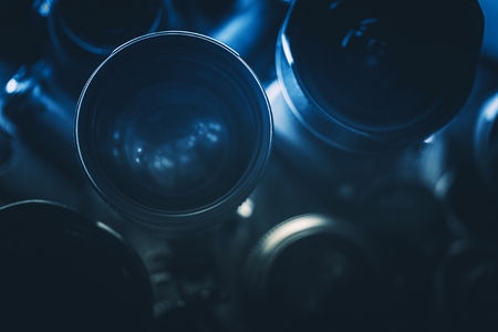 Photo Lenses Closeup. Photography Concept Background. Hi-End Professional Digital Lenses