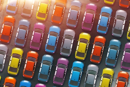 Colorful Cars Inventory. Dealership Cars in Stock 3D Illustration. Aerial View.の写真素材