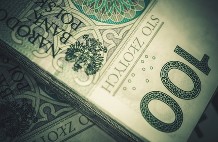 Pile of Cash Polish Zloty Closeup Photo. Poland Currency. Financial and Banking Theme.の写真素材