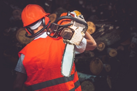 Hard Worker with Wood Cutter. Labor Concept Photo. Lumber Industry.の写真素材