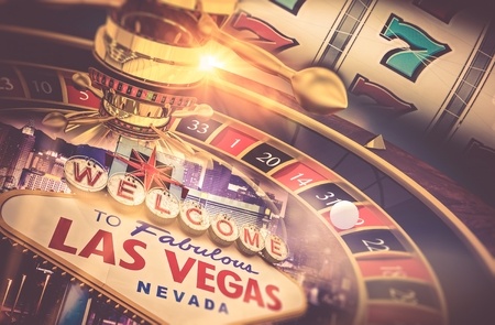 Las Vegas Gambling Concept. Roulette, Slot Machine and Las Vegas Welcoming Strip Sign. Playing in a Casino Conceptual Illustration.の写真素材