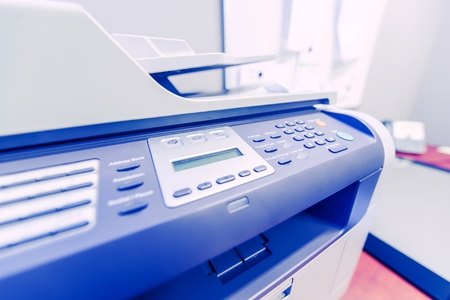 Office Network Printer. Network Printing in the Office Area. Printer Closeup Photo.