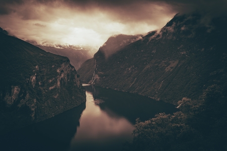 Scenic Norway Fjords in Dark Sepia Color Grading. Norway Scenery.の写真素材