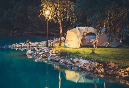 Tenting on the Glaciar Lake. Campground Camping in a Tent.の写真素材