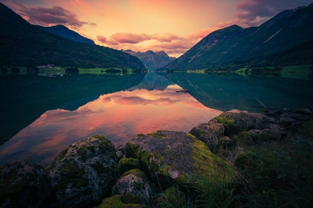 Norway Glacier Lake Sunset. Oppstrynsvatnet Norway Oppstryn Lake Reflections Scenery.の写真素材
