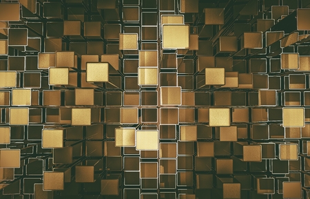 Golden Cubes Abstract Background 3D Render Illustration.の写真素材